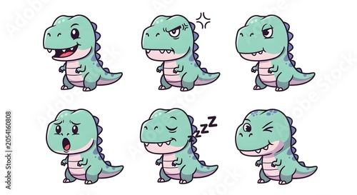 Cartoon T Rex Icon Pack with Five Expressions Chibi Dinosaur Faces in Pastel Mint and Lilac