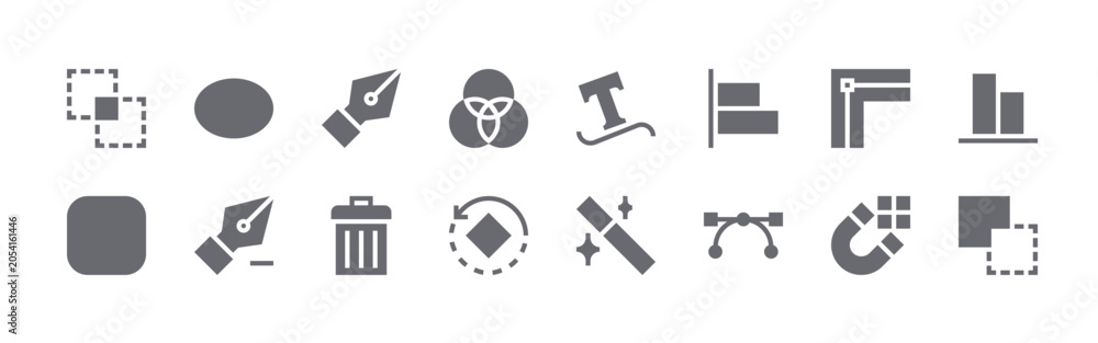 Fototapeta premium 16 solid Vector Editing icons for web, app and interface design featuring intersect, rounded rectangle, ellipse, delete point, pen tool. Filled vector collection
