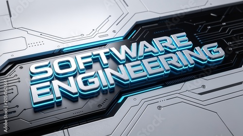 Sleek metallic text spelling software engineering illuminated with bright blue neon lights resting on a modern futuristic circuit board background