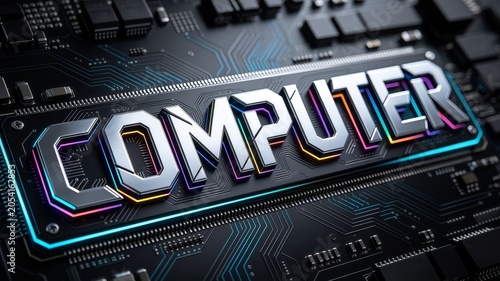Bold metallic computer typography with colorful glowing neon edges sitting on top of a dark futuristic circuit board