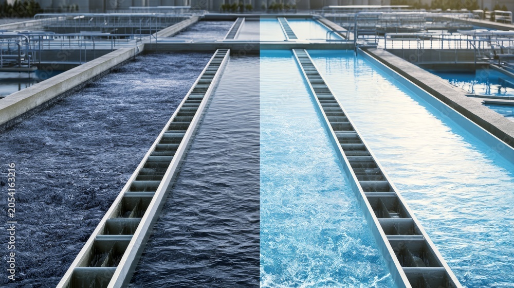 Obraz premium Water treatment process at a facility showcasing clean and dirty water in separate channels during daytime