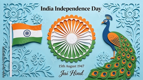India independence day paper cut style greeting card with national flag ashoka chakra beautiful peacock and floral decorations