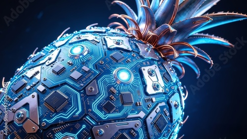 Futuristic cybernetic pineapple featuring complex metallic circuit boards microchips and glowing blue electronic lights on dark futuristic background