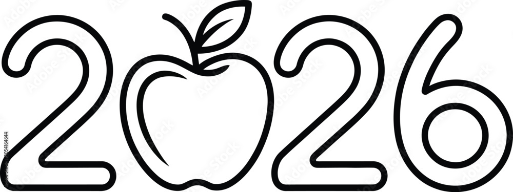 Obraz premium 2026 apple, outline vector, creative number typography with fruit icon for new year branding and modern design concepts.