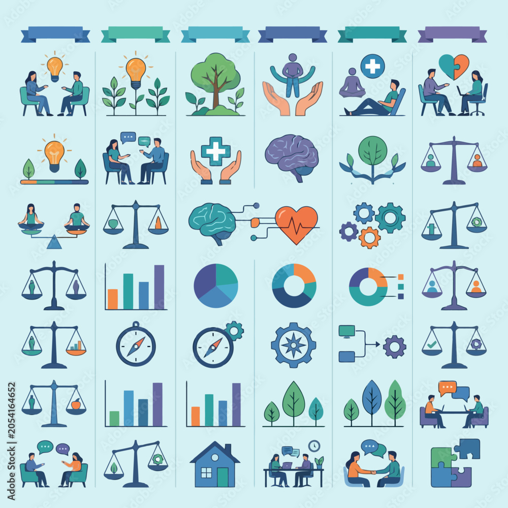 Fototapeta premium A collection of flat vector icons representing mental health concepts