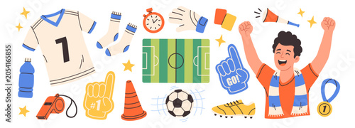 Soccer equipment and accessories set. Perfect for sports events, championships, tournaments, fan zones, team support, and soccer themed designs. Flat vector illustration