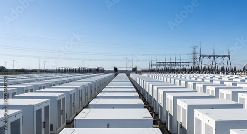 Large scale battery energy storage system installation with power lines and utility infrastructure