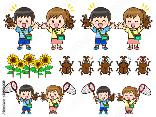 	夏休みに昆虫採集する子供のイラストセット