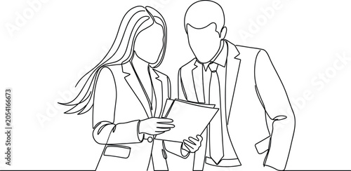 Continuous line drawing of business partners analyzing document reports together for startup growth and professional team collaboration vector illustration