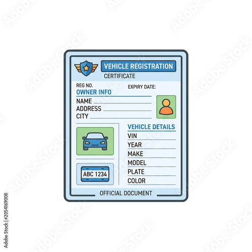 Vehicle registration certificate containing ownership and automobile details.