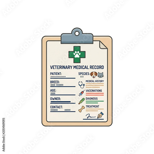 Veterinary medical clipboard with pet treatment details and clinical records.