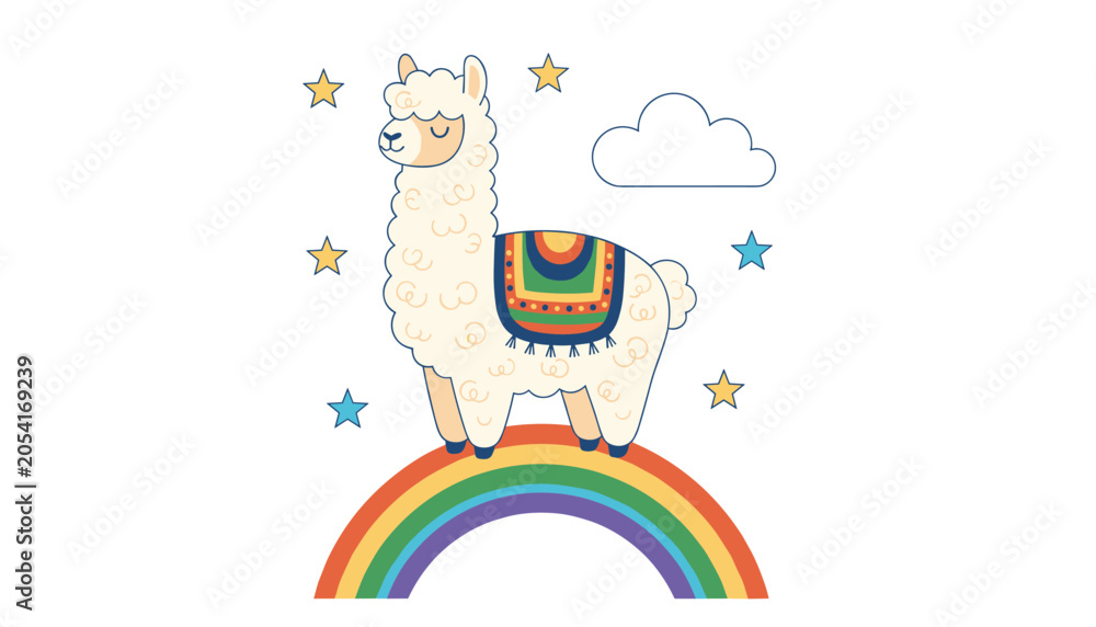 Naklejka premium Cute fluffy white llama standing on a colorful rainbow under a soft white cloud with bright yellow and blue stars.