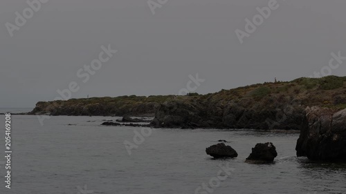 Rocky coast with calm sea under cloudy, gray sky