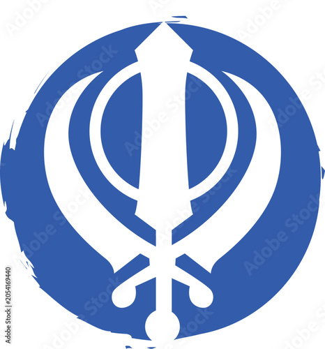 Khanda sikh religious symbol in blue circular brush stroke frame