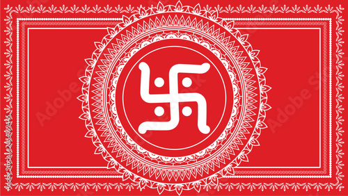Hindu swastika symbol with dots inside an ornate mandala frame on red background