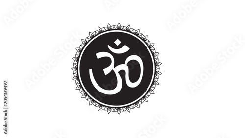 Om spiritual symbol in black circular mandala frame isolated on white background