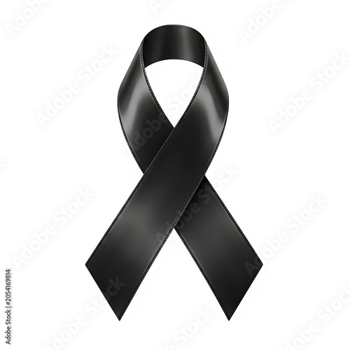 Shiny black awareness ribbon symbol for mourning and remembrance isolated on transparent background