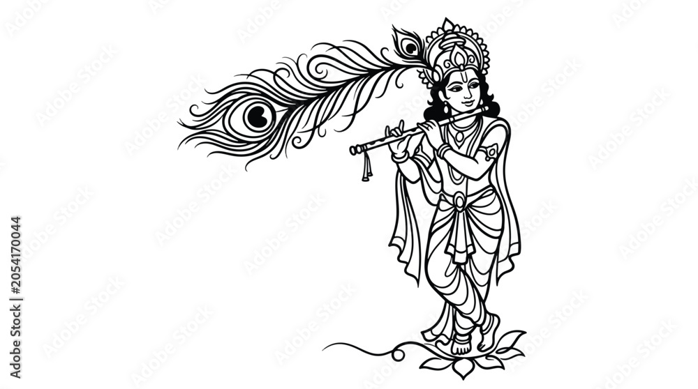 Fototapeta premium Hindu deity Krishna playing flute with peacock feather crown