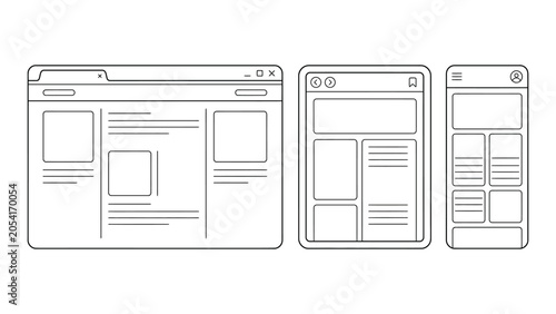 Responsive web design concept with desktop, tablet and mobile phone wireframes.