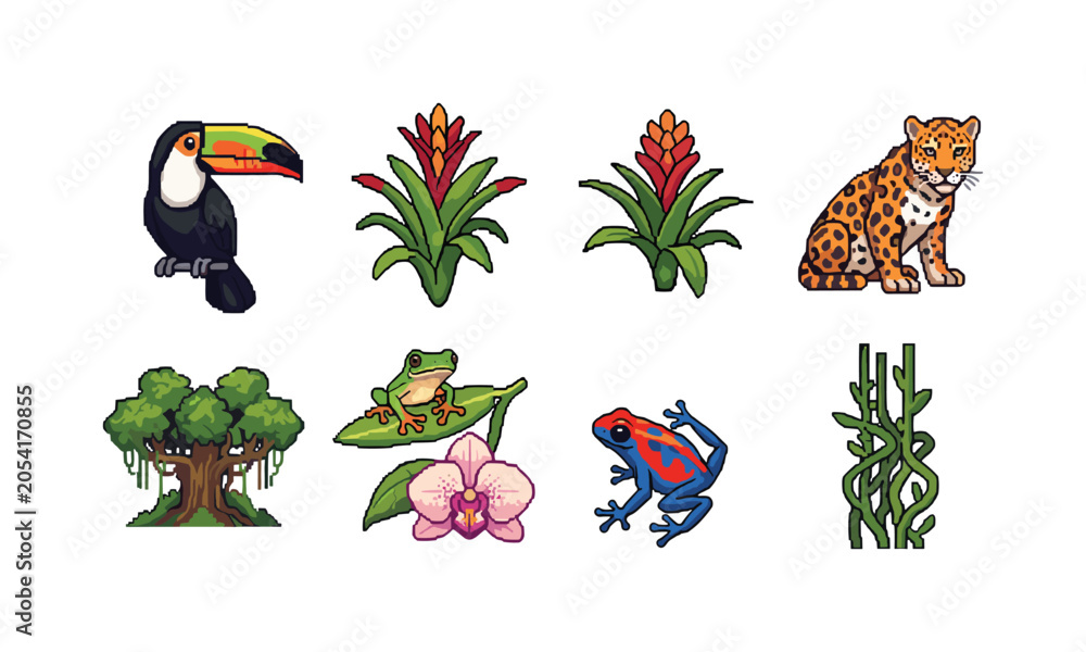 Obraz premium Pixel art collection of Amazon rainforest animals and plants