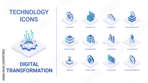 Isometric technology icons for digital transformation and AI concepts on a light background vector