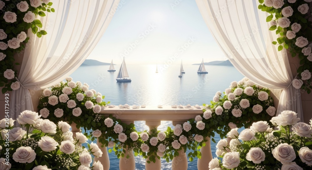 Fototapeta premium Romantic balcony with white roses and sunset sea view.