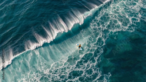  Bird's-eye drone photograph of a surfer dropping into a perfectly symmetrical giant wave ai