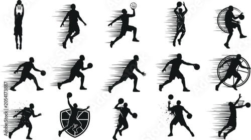 Basketball player silhouettes with dribbling shooting dunking passing designs, sports vector art, athletic lifestyle illustration, black graphic game artwork elements