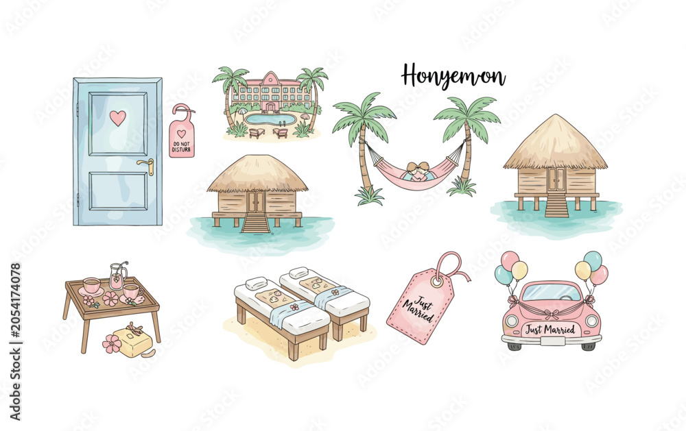Obraz premium Honeymoon vacation elements including resort, beach bungalow, and romantic getaway symbols