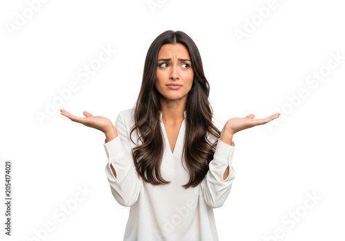 Young woman shrugging with confused expression isolated on transparent background