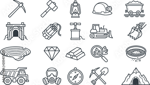 Photography Mining industry coal gold extraction equipment icons set vector illustration fea