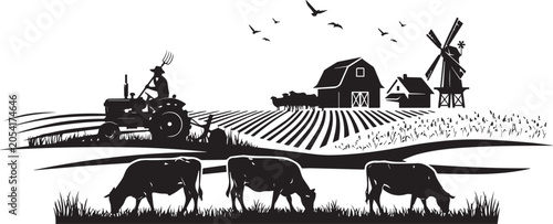 Rural farm landscape silhouette with grazing cows, tractor, barn, windmill on white background