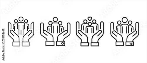 Set of line icons showing people protected in human hands representing insurance care and support.