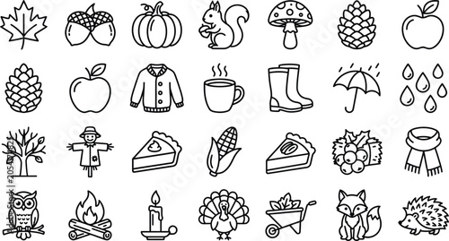 Thanksgiving Icon Set, Autumn Fall Harvest Line Art Vector Illustration