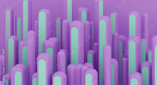 Abstract 3D purple and mint green rounded columns.