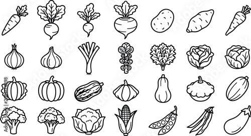 Vegetable Icons Set, Healthy Organic Food Vector, Farming Collection