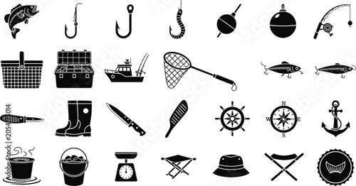 Foto Fishing equipment icon set with hook rod tackle box boat net fish bait silhouett