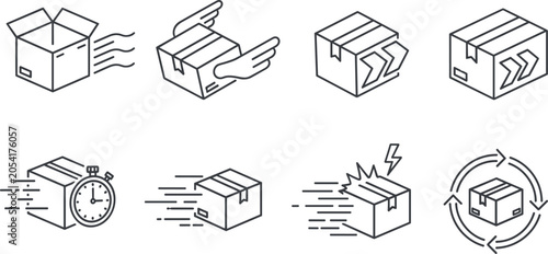 Fast delivery shipping box icon set for express logistics package distribution transportation service outline vector illustration