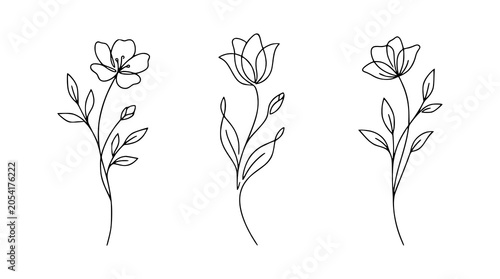 Minimalist floral line art with three elegant flower stems