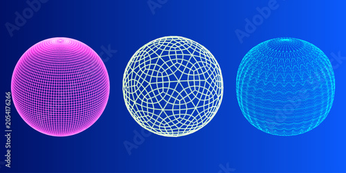 Three wire frame spheres in pink, yellow, and blue on a blue gradient background