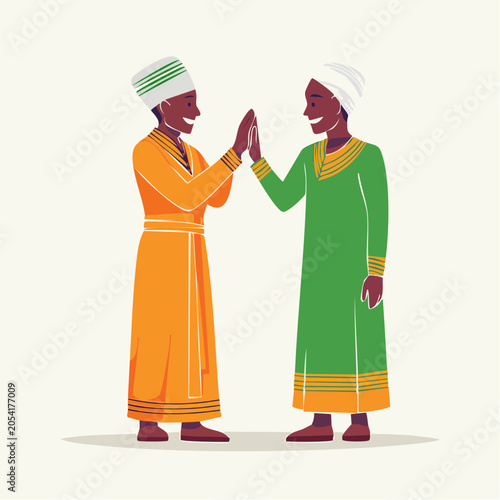 Two men in traditional African clothing giving a high five
