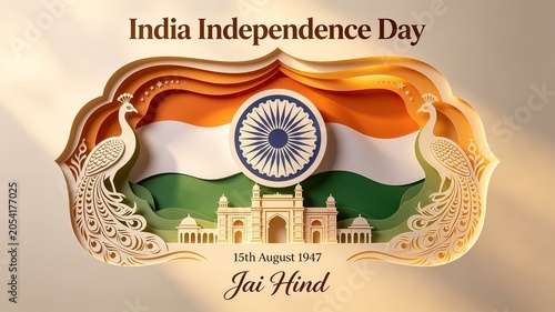 India independence day greeting card design with beautiful paper cut flag peacock ashoka chakra monument and jai hind text
