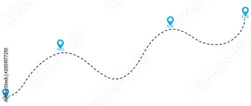 route icon between 4 points with dotted path and location pin. isolated on white background.Route location icon two pin sign and dotted line.