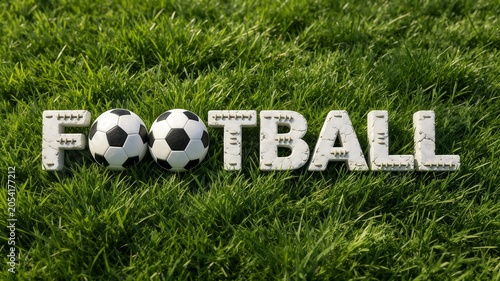 Football text typography made of white textured rock elements with classic soccer balls resting on lush green grass pitch