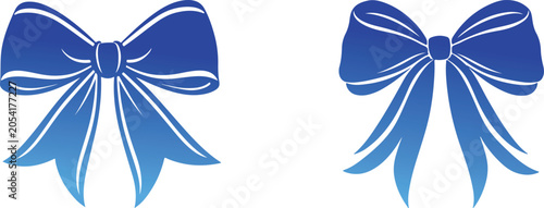 Two elegant blue ribbon bows with decorative white line details for gift wrapping and holiday celebration design elements