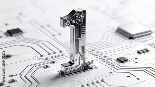 Futuristic metallic number one standing on white electronic circuit board background with microchips and high tech path tracks