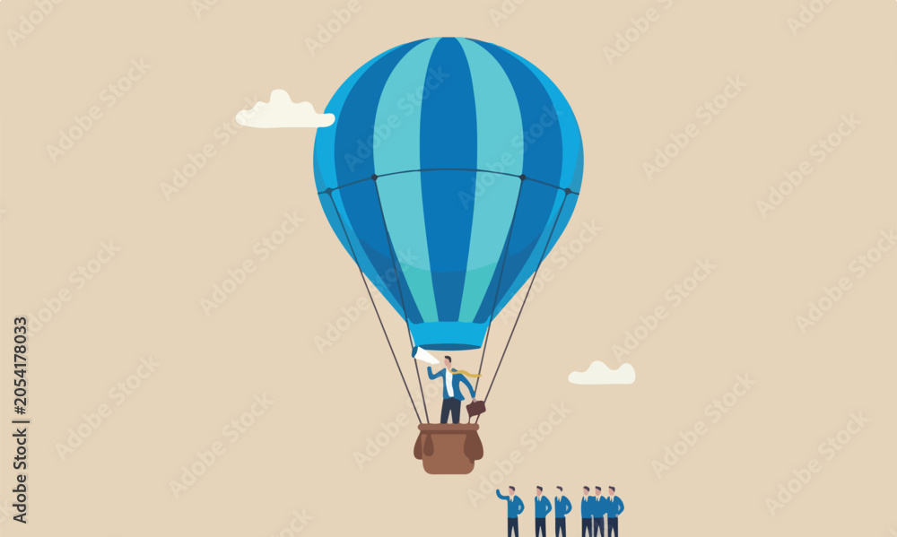 Fototapeta premium Differentiate, difference, unique or outstanding concept, initiative businessman flying with balloon stand out from other same competitors