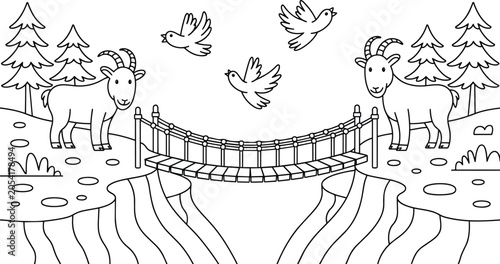 Cartoon illustration of a rope bridge connecting two cliffs with trees and flying birds around, suitable for children's books and children book