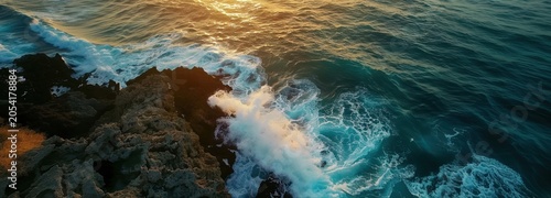 Crashing Waves on Rocky Shore: The raw power of the ocean is on full display as turquoise waves spectacularly crash against a rugged, dark rock formation under a warm, golden sky.