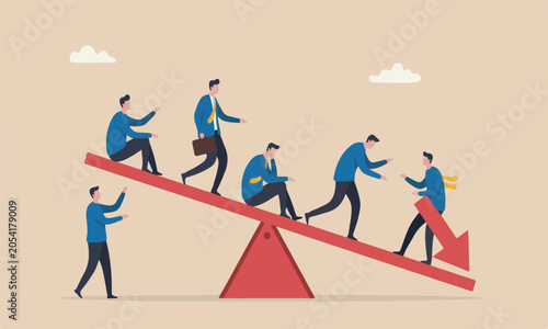  Stock market meeting teams together concept, businessman sitting on seesaw red arrow pointing down investment loss